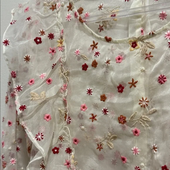 Zara Cream Sheer Blouse with Pink Floral Embroidery & Pearl Design - Picture 3 of 6